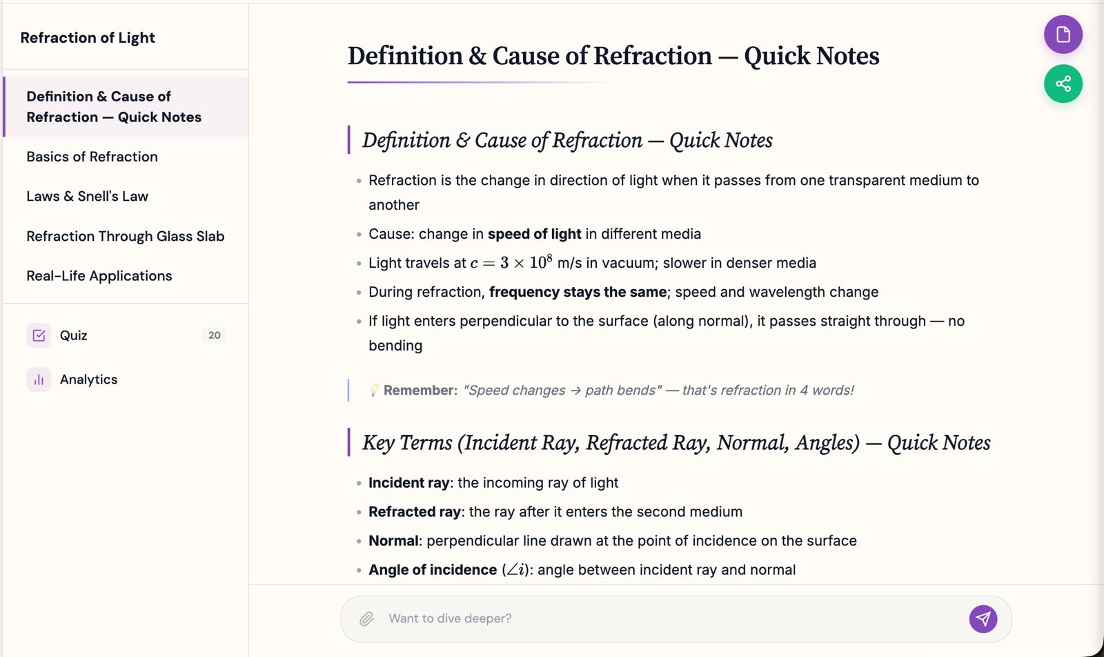 A real lesson generated by mypadh.ai: Refraction of Light, with quick notes